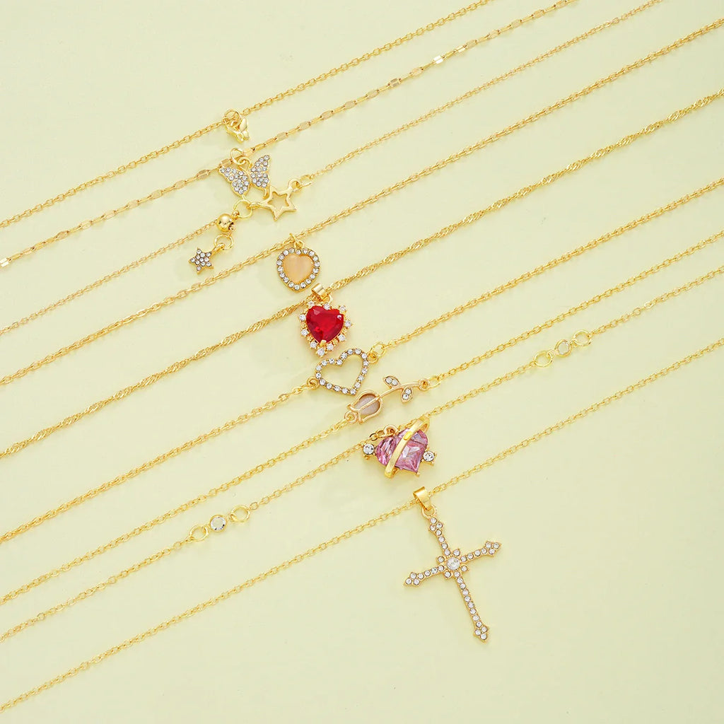 8 Pcs Simple Temperament Necklace Set For Women Elegant Gold Color Crystal Butterfly Cross Rose Heart Star Pendant Necklaces Vera Lux