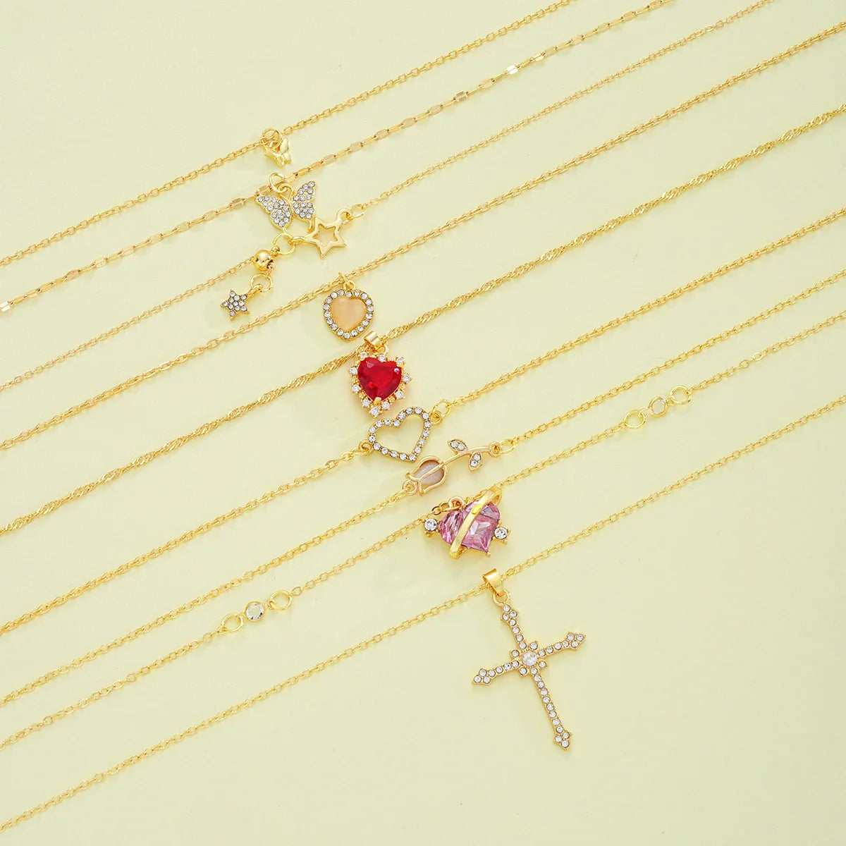8 Pcs Simple Temperament Necklace Set For Women Elegant Gold Color Crystal Butterfly Cross Rose Heart Star Pendant Necklaces Vera Lux