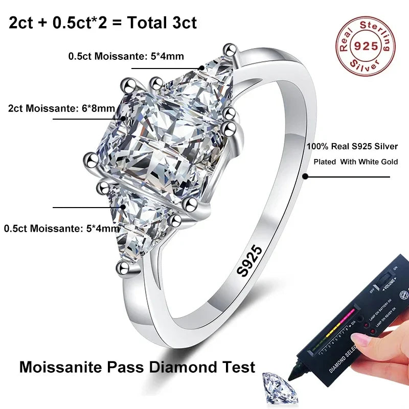 NeeTim Emerald Cut 3ct Full Moissante Wedding Rings for Women Lab Grown Diamond Promise Band Plated Platinum Marriage Rings Vera Lux