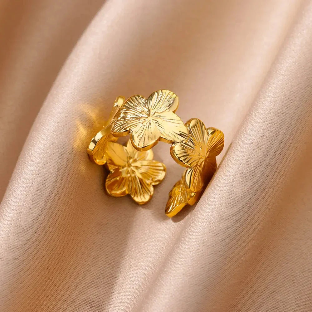 Stainless Steel Flower Rings for Women Gold Color Shell Starfish Multi Layer Hollow Out Ring Fashion Charm Jewelry Wedding Gifts Vera Lux