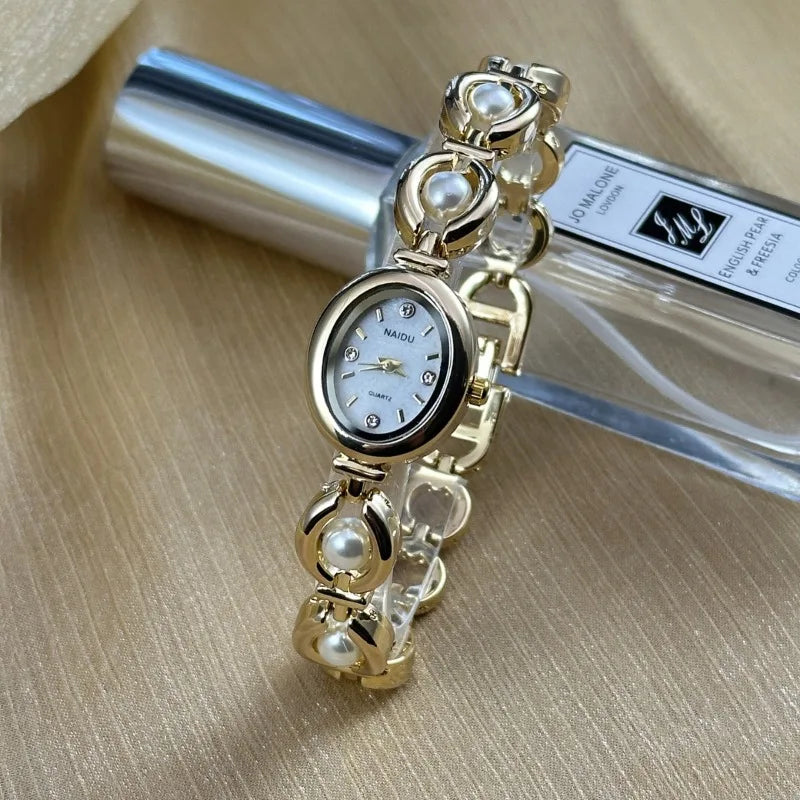 Luxury Pearl Inlaid Bracelet Watch Fashion Women Quartz Watch Brand Oval Dial Dress Wristwatches Dropshipping Relojes Para Mujer Vera Lux