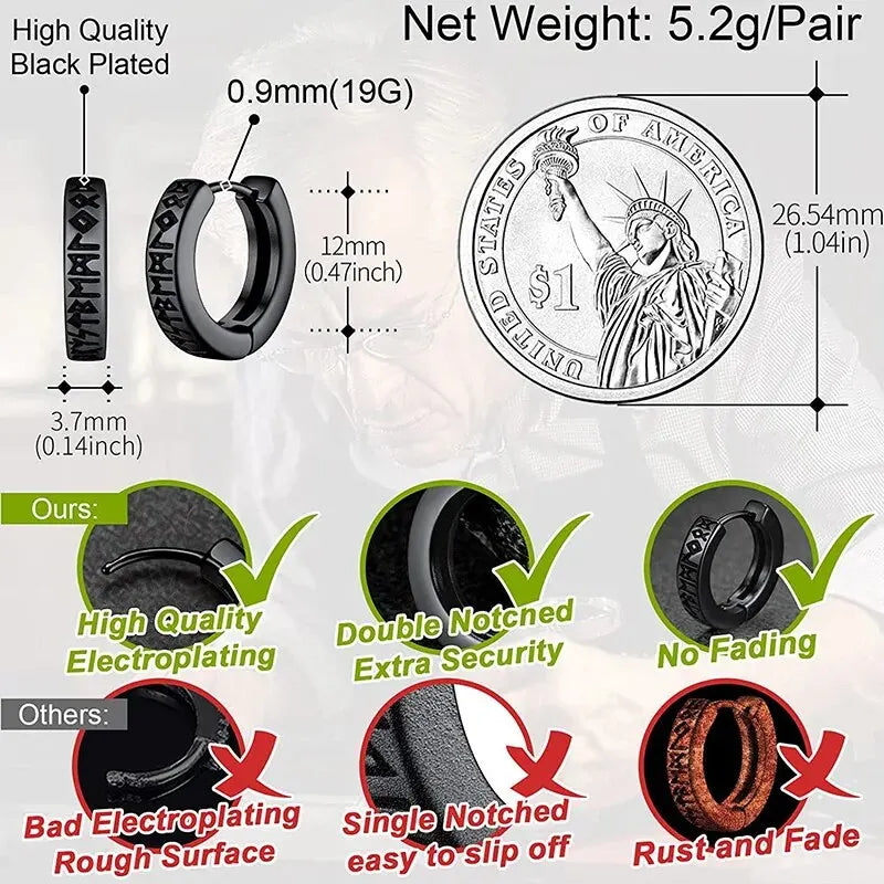 Stainless Steel Norwegian Viking Rune Hoop Earrings For Men Woman Unisex 12 Mm Huggie Hoop Religious Earring Jewelry Vera Lux