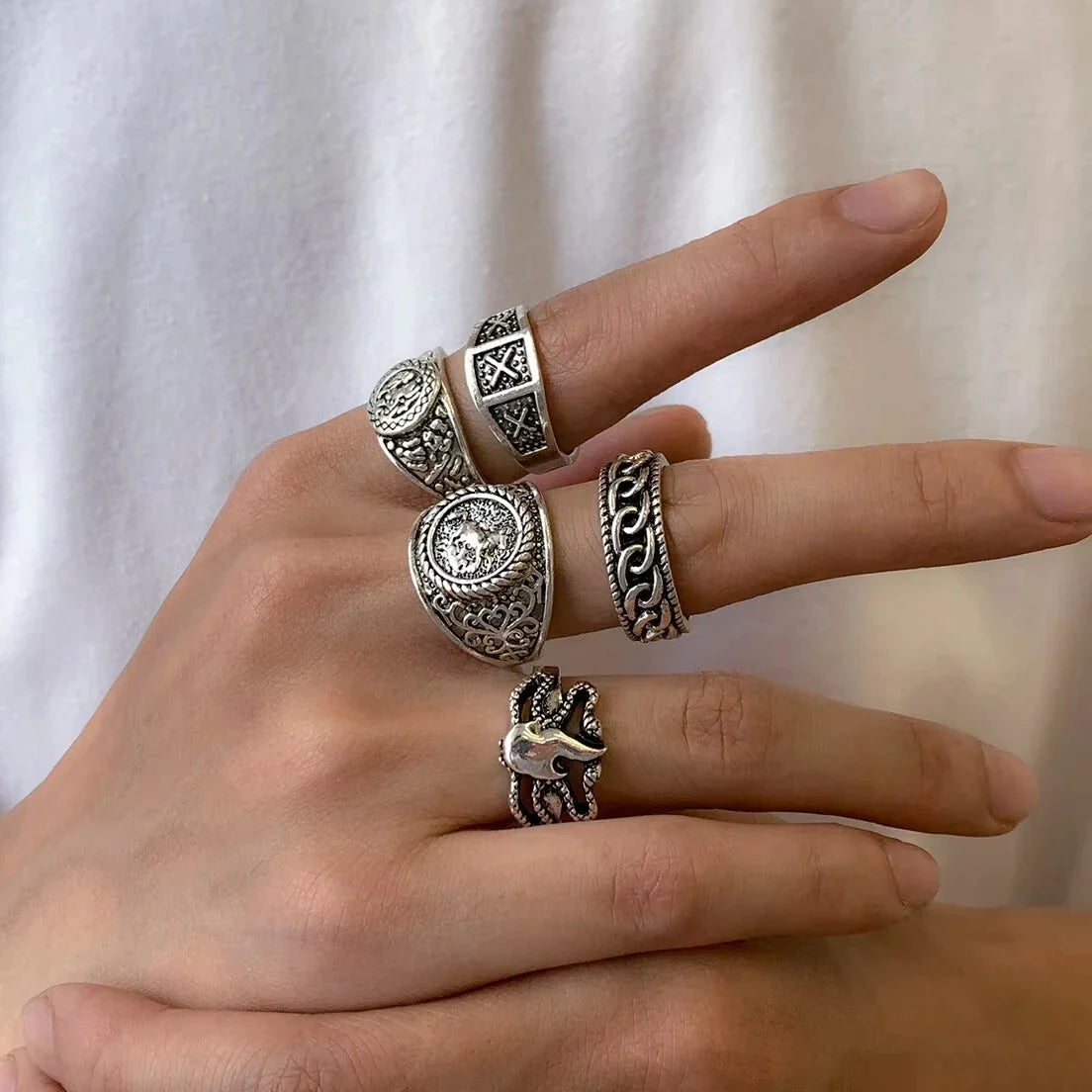 5Pcs/Set Goth Totem Horse Flame Antique Silver Color Rings for Men Unisex Punk Carved Knuckle Male Jewelry Accessories Steampunk Vera Lux