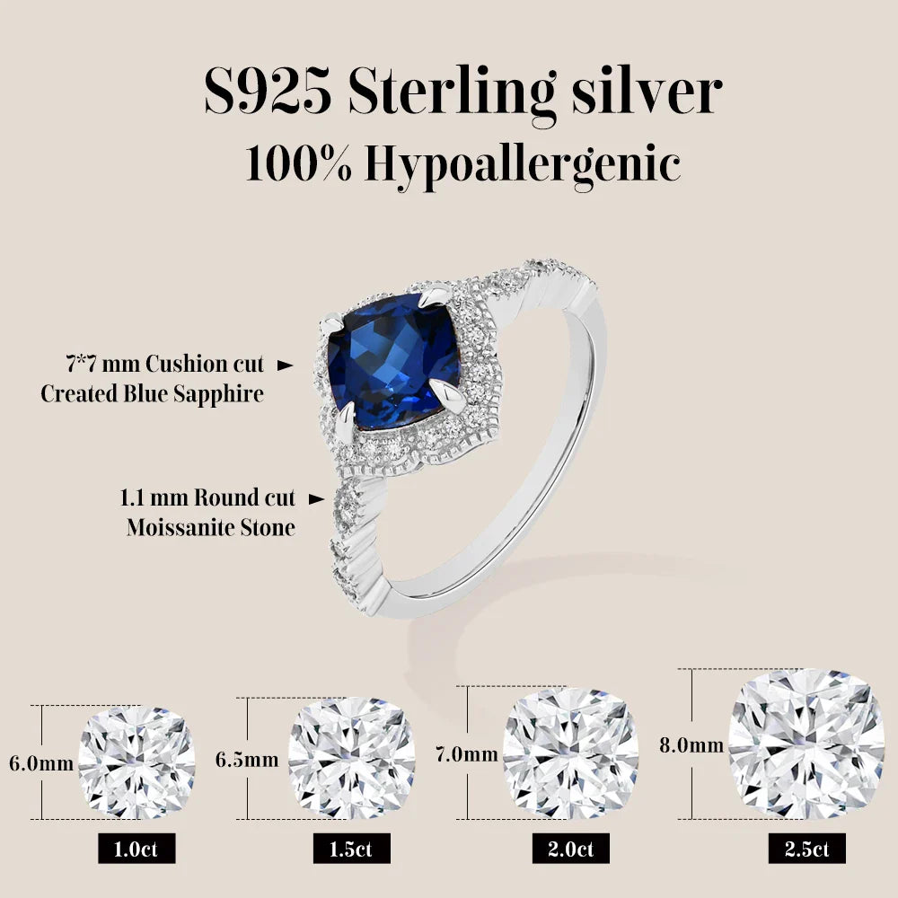 MINTYBOX S925 Silver 2.0ct Cushion Sapphire Engagement Rings for Women Lab Gemstone Halo Ring Wedding Fine Jewelry Bride's gift Vera Lux