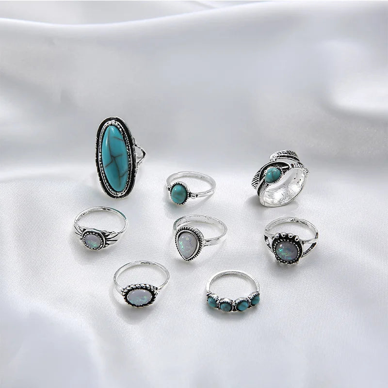 8Pcs/Set Rings Set Fashion Casual New Retro Set With Turquoise Carved Feather Ring Set High-grade Jewelry Vera Lux