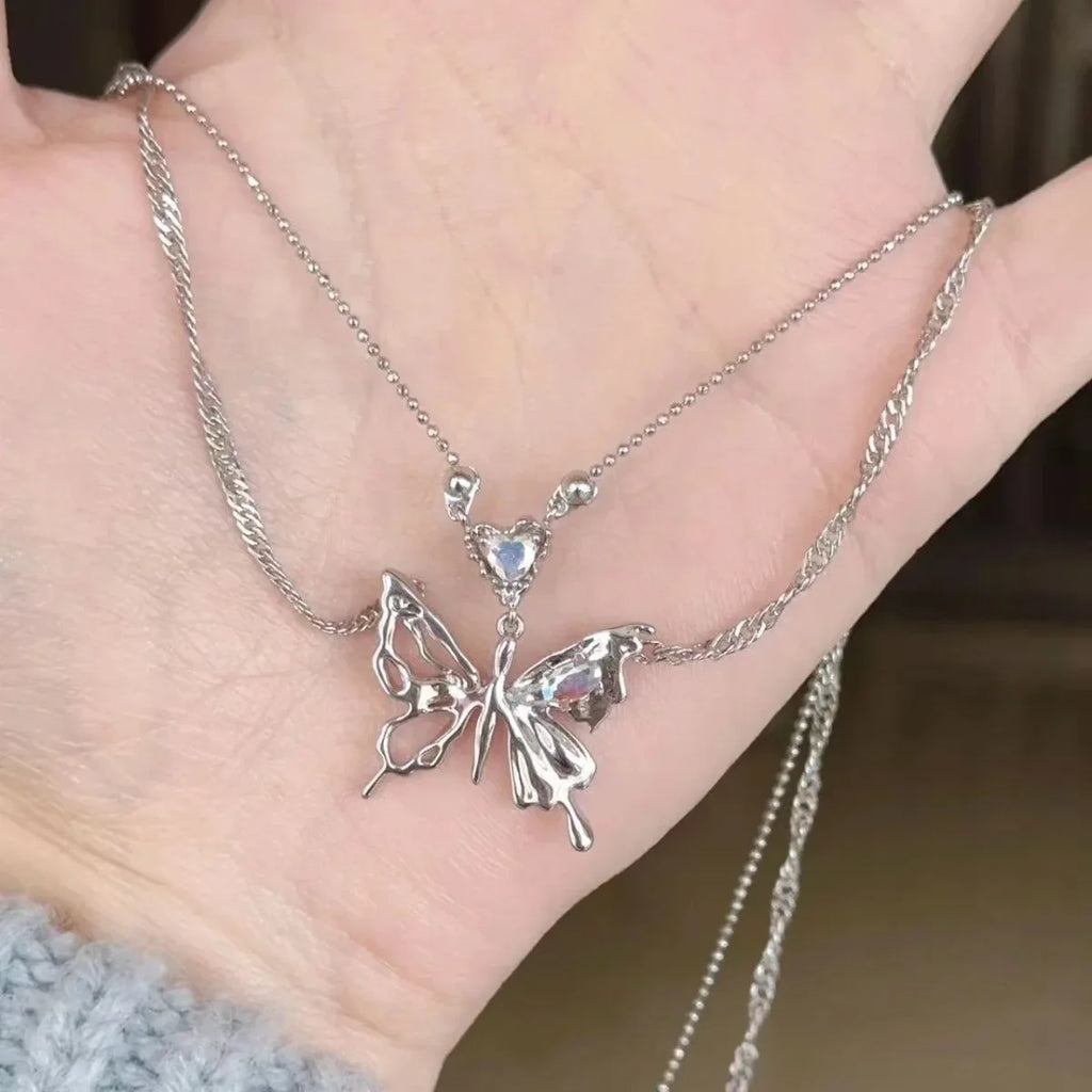 Y2K Crystal Butterfly Pendant Necklace Women Light Luxury Egirl Punk Heart Grunge Clavicle Chain Fashion Jewelry Party Gift 2023 Vera Lux