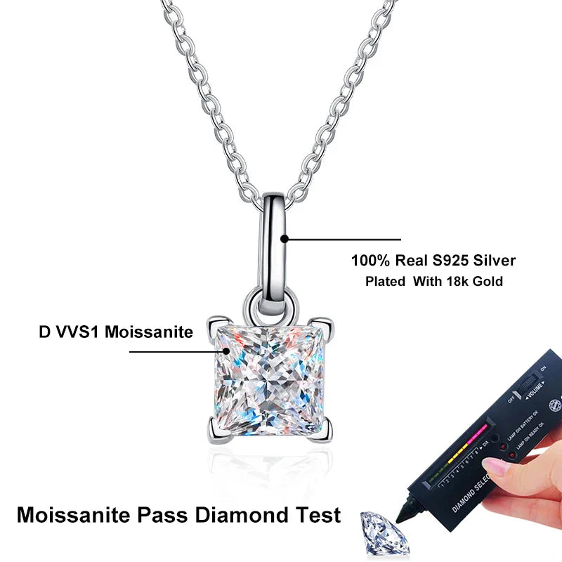 NeeTim 1ct Princess Cut Moissanite Necklace Pendant S925 Sterling Silver Party Wedding Dimond Necklaces For Women Certified Vera Lux