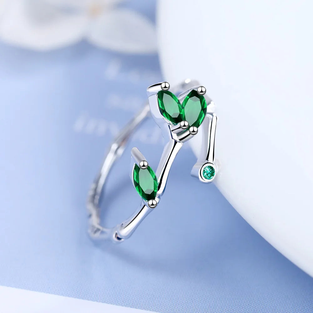 925 Sterling Silver Twig Green Leaf Rings For Women Couple Vintage Elegant Luxury Jewelry Ladies Accessorie Jewellery Vera Lux