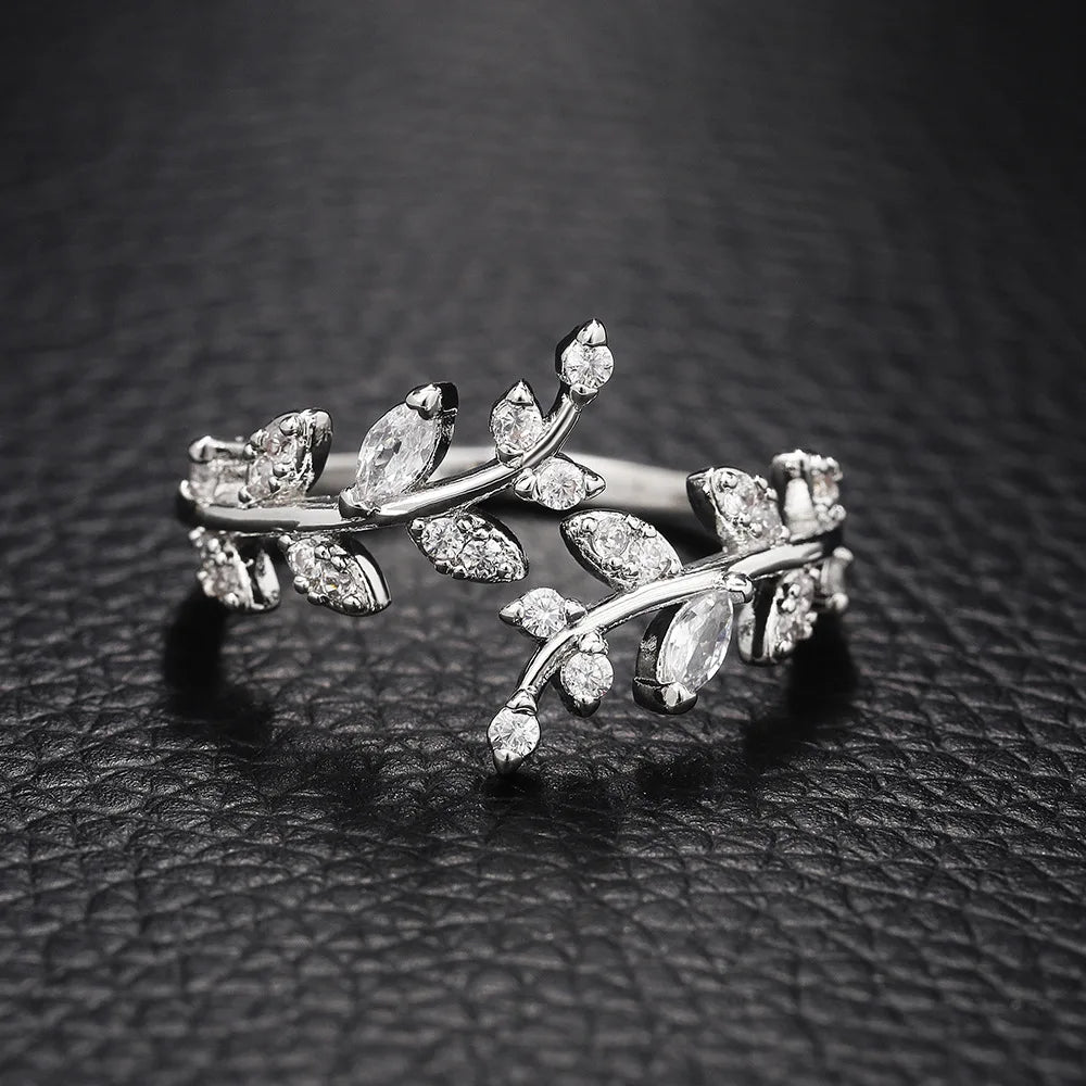 925 Sterling Silver Fashion Zircon Leaf Adjustable Rings for Women Gift Party High Quality stylish Fine Jewelry Hot Sales Vera Lux