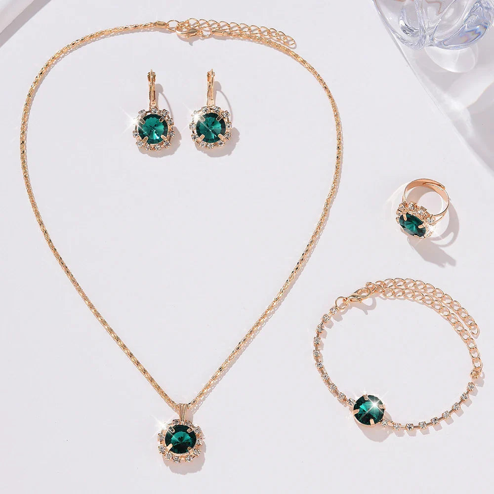 5 Piece Set Women Fashionable Temperament Circular Green Crystal Necklace Bracelet Earring Ring Combination Versatile Exquisite Vera Lux