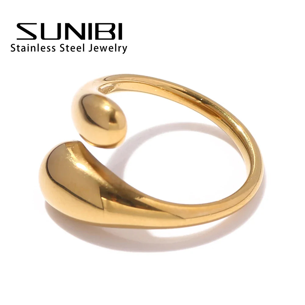 SUNIBI Double Opening Ring for Woman Golden Glossy Feather Design Ring 316 Stainless Steel Women's Fashion Jewelry Wholesale Vera Lux