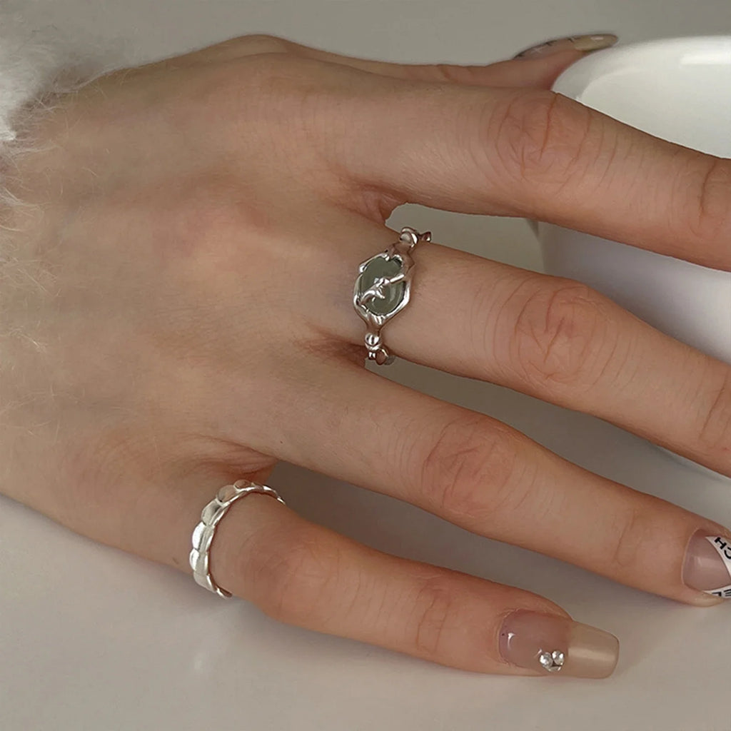 925 Sterling Silver plated Liquid Lava Hetian Jade Bamboo Ring for Women Girl Gift Irregular Vintage Jewelry Vera Lux