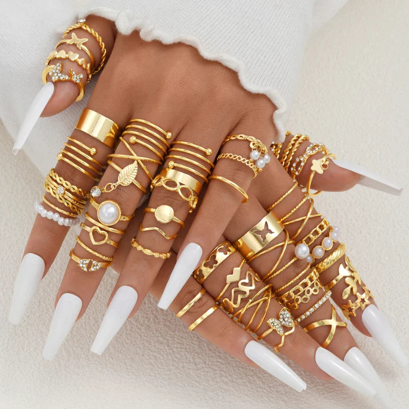 58PCS Vintage Heart Snake Butterfly Rings Set for Women Fashion Metal Gold Plated Geometric Hollow Finger Ring Jewelry Gifts New Vera Lux
