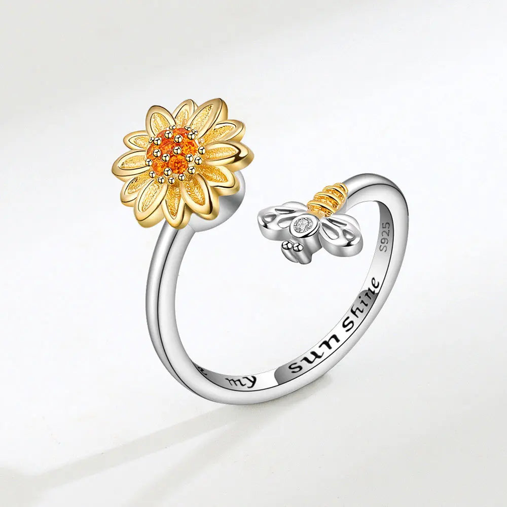 Shining Crystal Sunflower And Bee Fidget Spinner Rings For Women Anti Anxiety Control Anti Stress Rotating Ring Girls Gift Vera Lux