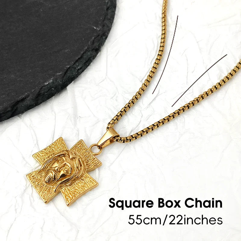 18K Gold Plated Jesus Face Cross Pendant Necklace Religious Charm for Men Women Faith-Inspired Jewelry Christian Gift Vera Lux