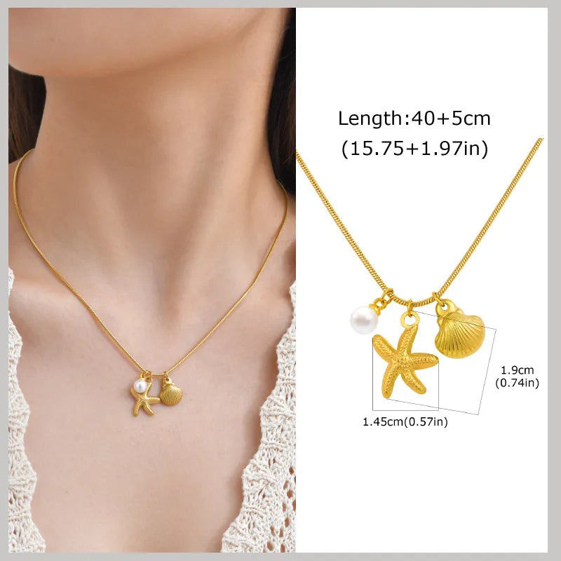 18k Gold Plated Pearl Shell Conch Starfish Summer Beach Necklace, Charms Necklace for Women,Stainless Steel Waterproof Jewelry Vera Lux