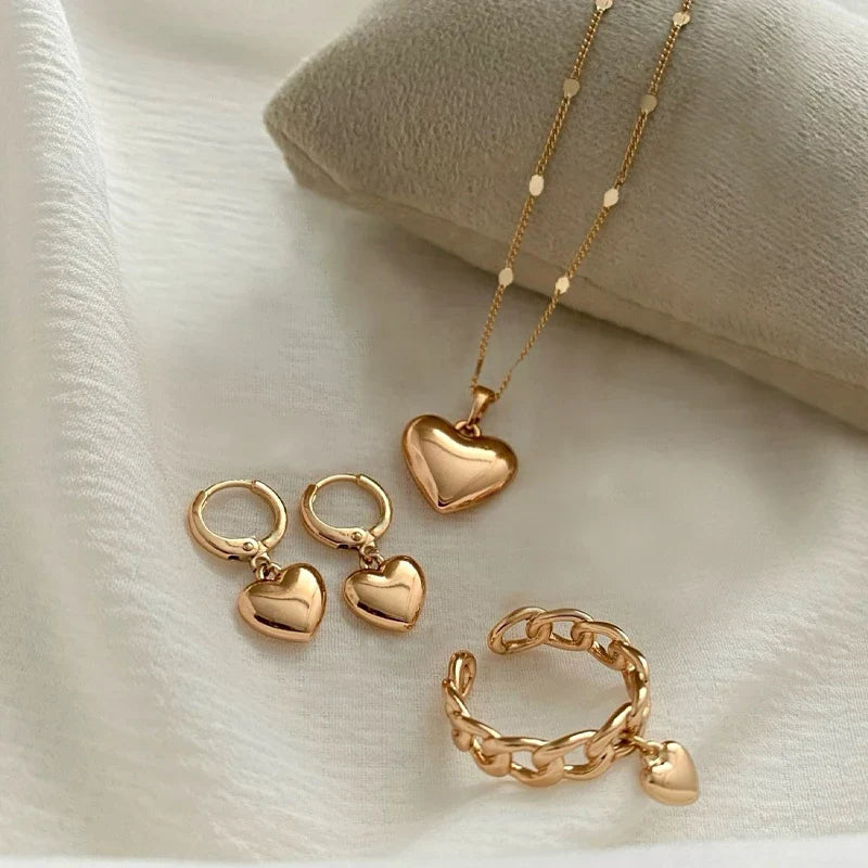 4Pcs/Set Vintage Love Heart Pendant Necklace Ring Hoop Earring for Women Simple Gold Color Smooth Jewelry Set Elegant Party Gift Vera Lux