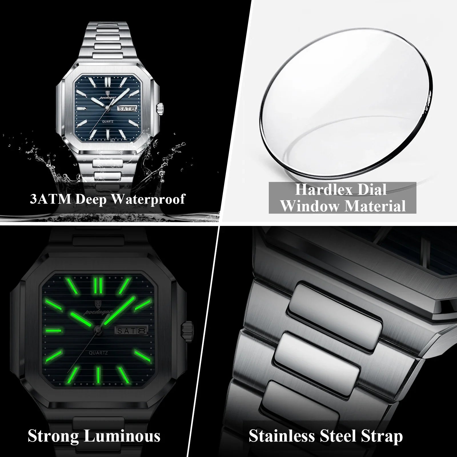 POEDAGAR Square Fashion Man Wristwatch Waterproof Luminous Date Week Quartz Men's Watches Stainless Steel Luxury Men Watch Reloj Vera Lux
