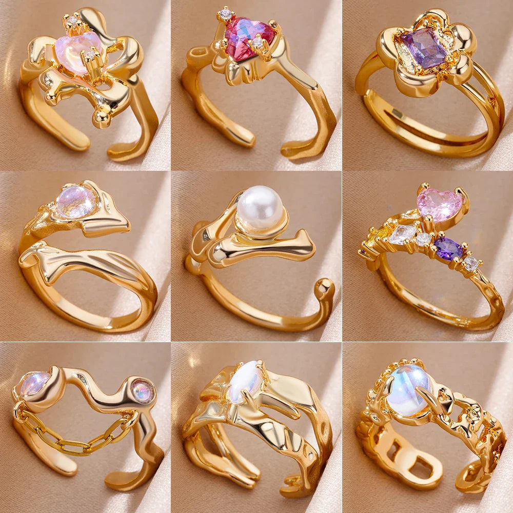 Stainless Steel Rings For Women Gold Color Fashion Heart Zircon Opening Ring Female Finger Wedding Party Jewelry Gift Vera Lux