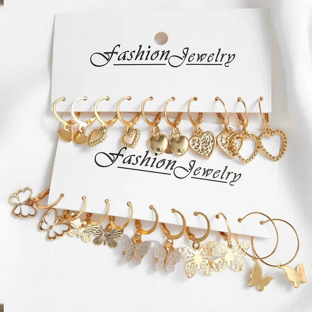 10pcs Gold Color Creative Simple Earrings Set for Women Fashion Temperament Hollowed-out Butterfly Love Earrings Jewelry Gifts Vera Lux