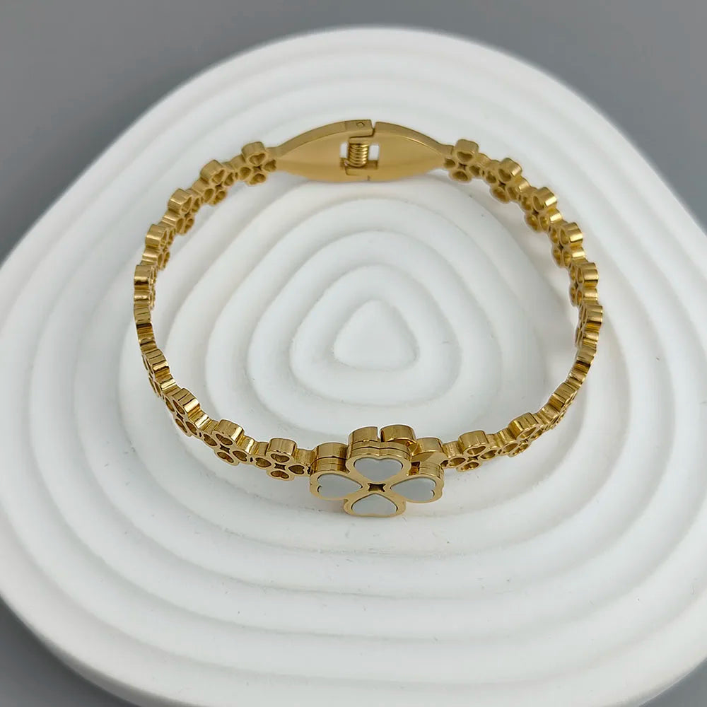 New four-leaf clover white shell stainless steel gold-plated bracelet 18K, high quality waterproof couple bracelet, wife gift Vera Lux
