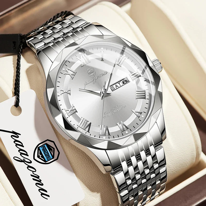 PAAZOMU Top Original Men Watch Waterproof Luminous Date Rectangle Man Wristwatch Mesh Stainless Steel Men's Quartz Watches Male Vera Lux