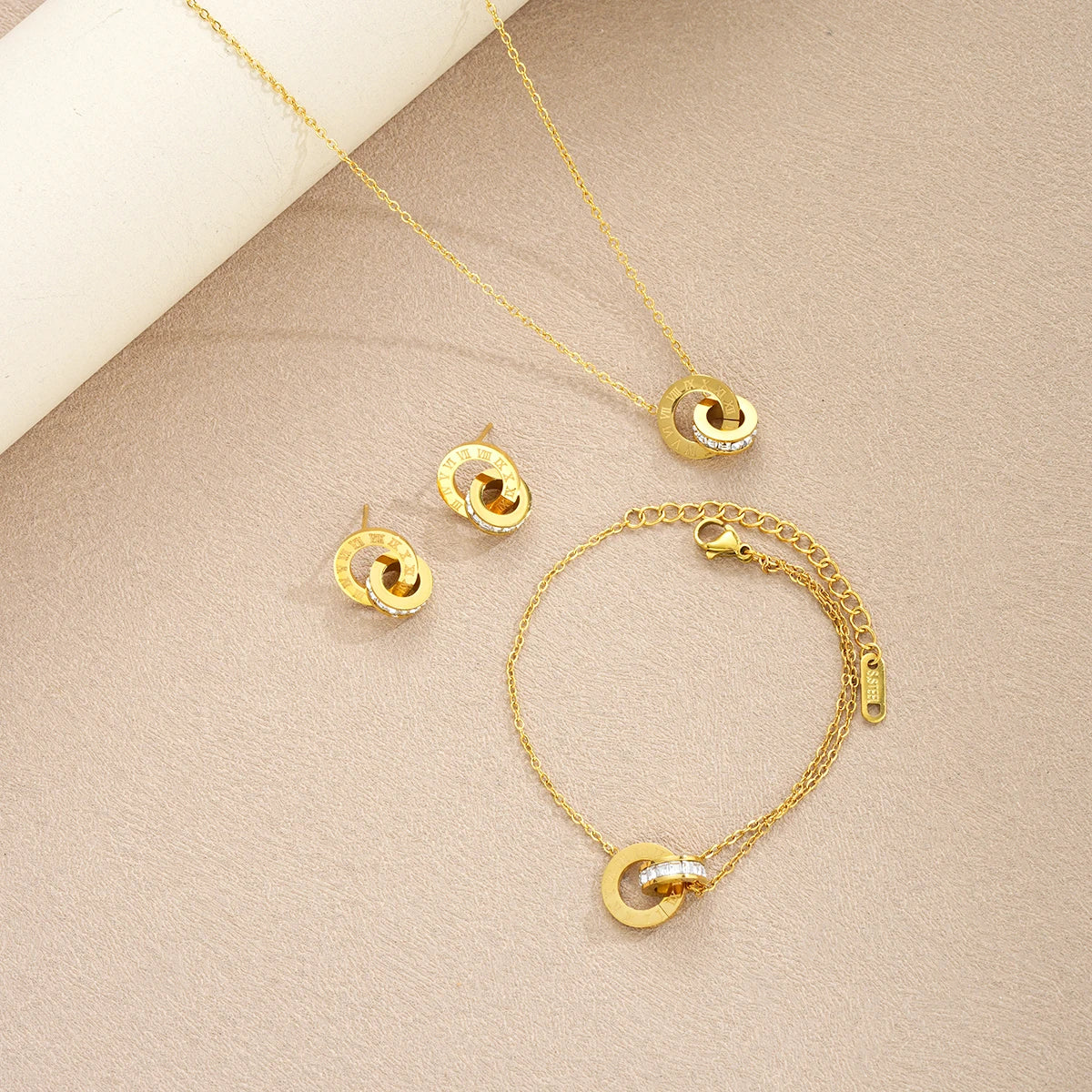 4Pcs/Set Gold Color Stainless Steel Crystal Necklace Bracelet Earrings for Women Interlocking Circles Roman Numbers Jewelry Sets Vera Lux