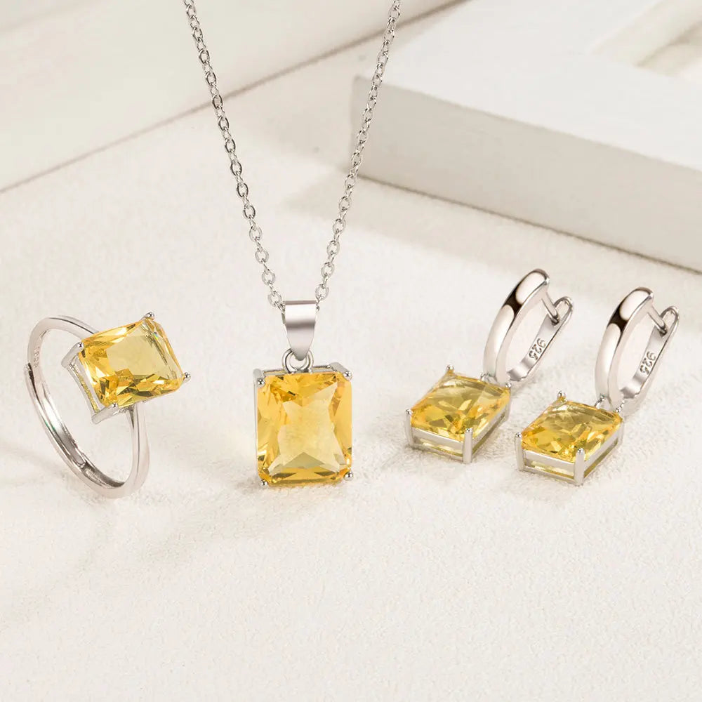 925 Sterling Silver  Elegant Jewelry Sets Ring Earrings Necklace For Women Rectangle Geometry Zircon Wedding Accessories Vera Lux