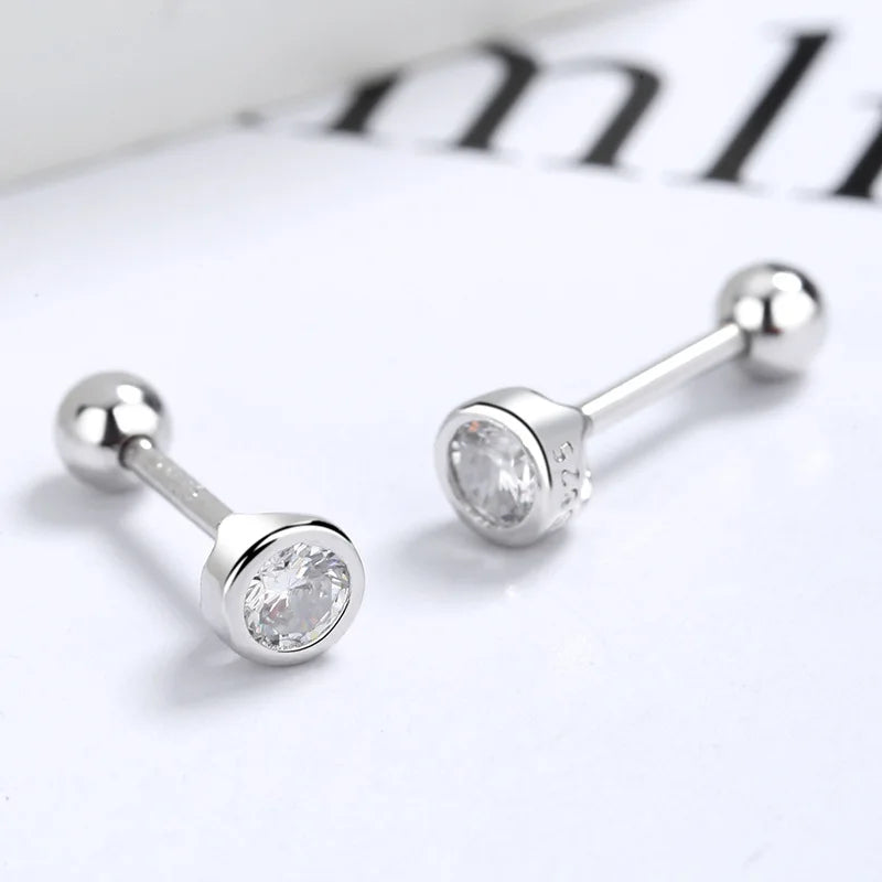 925 sterling silver zircon round bead threaded stud earrings, women's screw twist-off stud earrings, simple and fashion Vera Lux