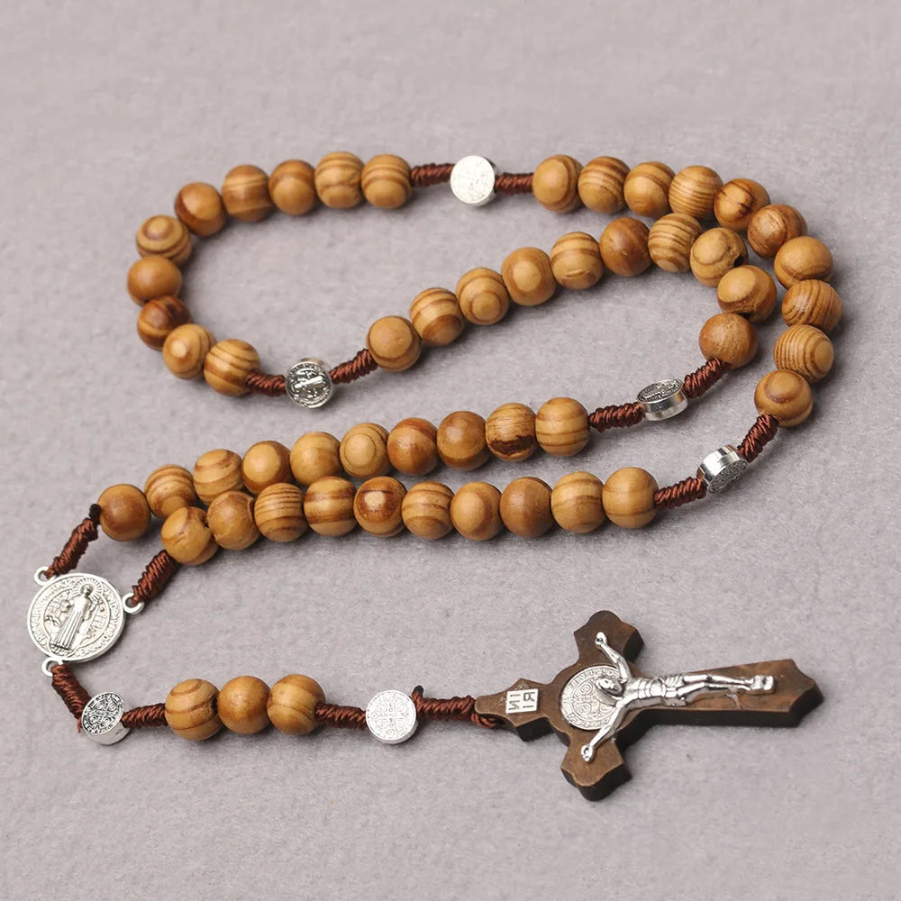 Catholic Wood Beaded Rosary Necklaces For Women Christian INRI Crucifix Cross Pendant Long Chain Men Religion Prayer Jewelry Vera Lux