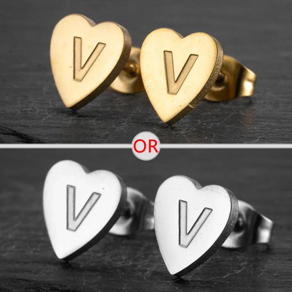 100% Stainless Steel A-Z Initial Earrings for Women Girls Personalize Letter Name Heart Stud Earring Family Jewelry Best Gifts Vera Lux