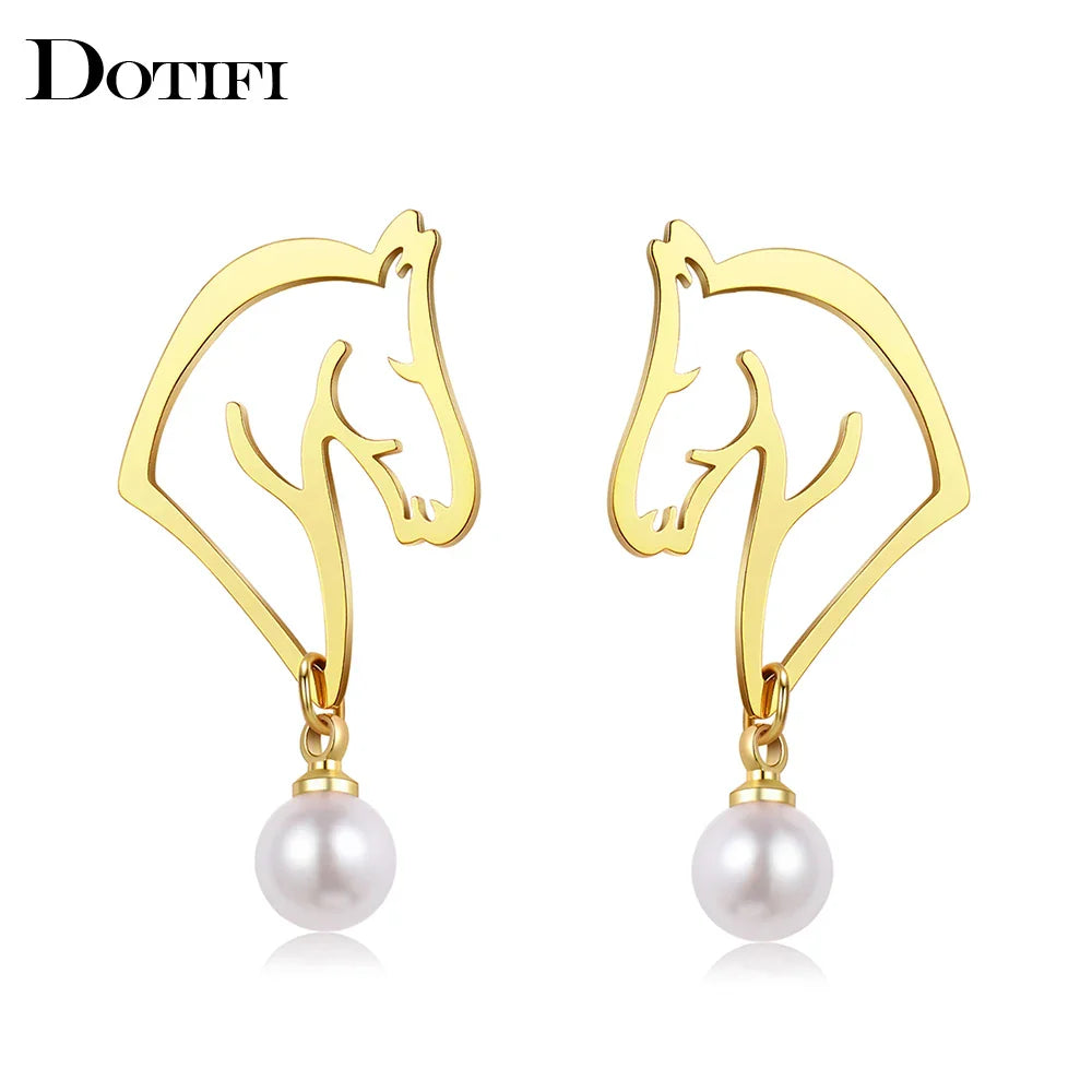 Stainless Steel Earrings 2022 Trend Exquisite Line Horse Design Pearl Charms Pendants Earrings For Women Jewelry Party Gifts NEW Vera Lux