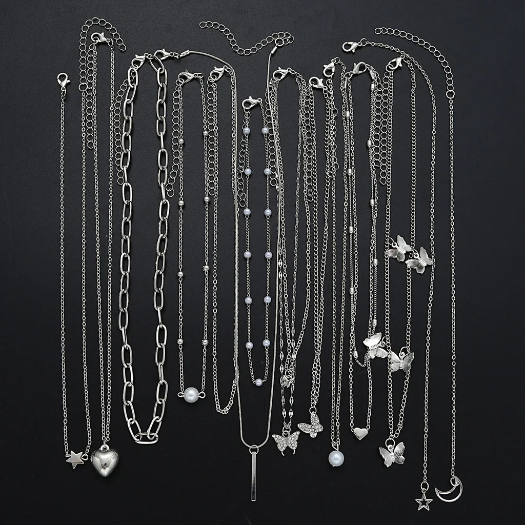 13Pcs/Set Simple Temperament Necklace Set Butterfly Pearl Heart Star Zircon Silver Color Necklace for Women Fashion Jewelry Gift Vera Lux