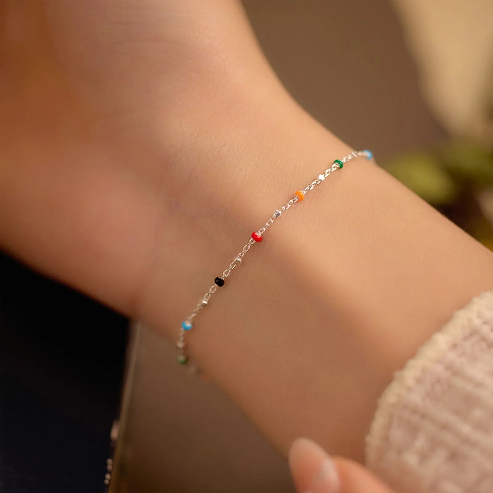 S925 Silver Dopaamine Colored Bean Bracelet Women's Popular INS Summer Niche Thin Fashion Jewelry Trendy Accessory Vera Lux