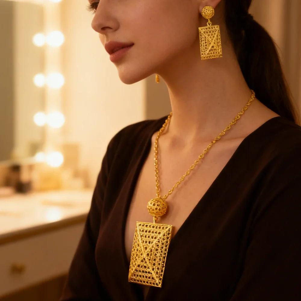 24k gold color party necklace earrings rings set luxury gold jewelry sets for woman wedding party Accessories Vera Lux