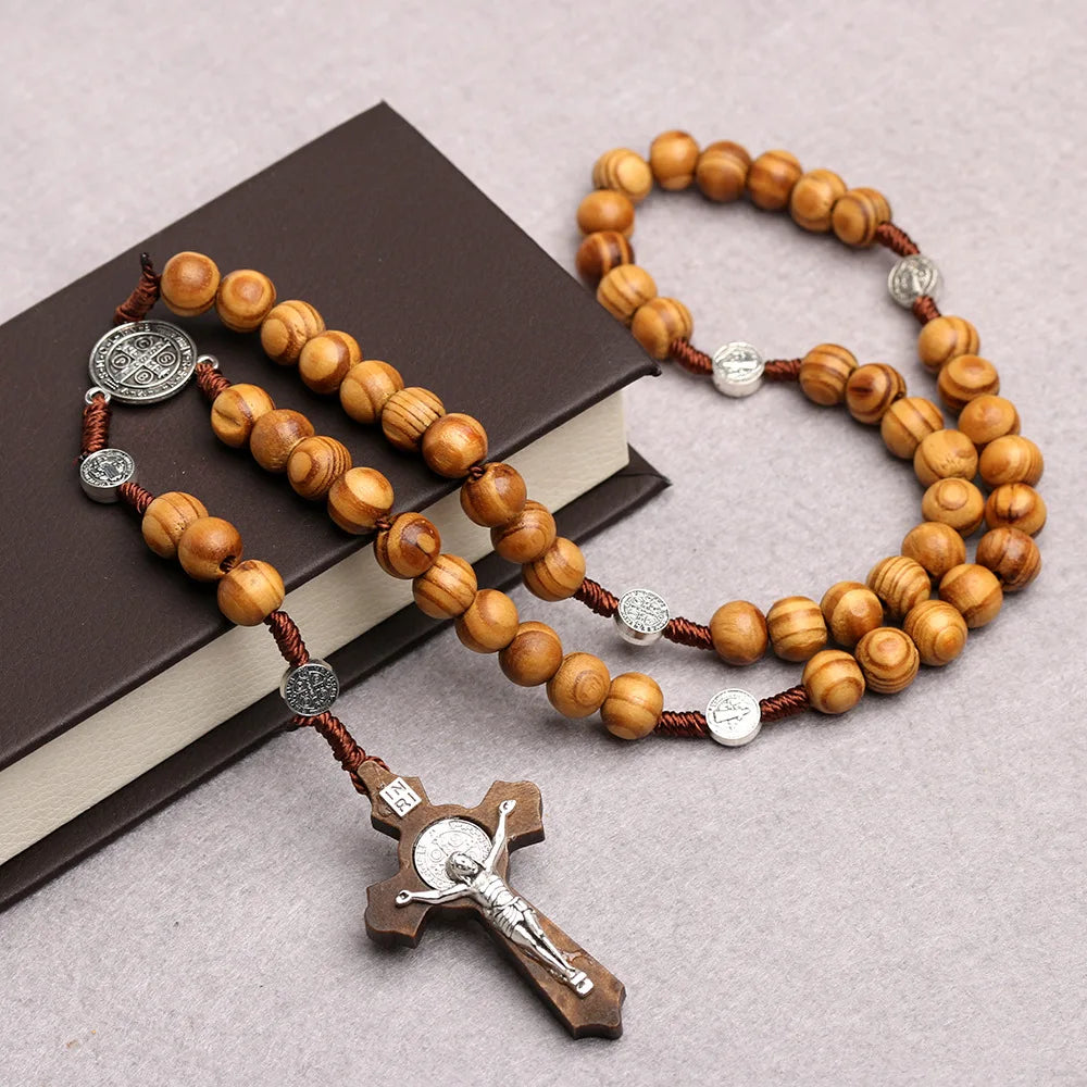 Catholic Wood Beaded Rosary Necklaces For Women Christian INRI Crucifix Cross Pendant Long Chain Men Religion Prayer Jewelry Vera Lux