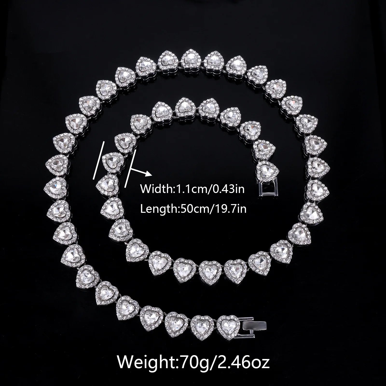 Yupsk 45CM/20CM Shiny Heart Rhinestone Hip Hop Rock Tennis Chain Bracelet Necklace for Women Men Trendy Jewelry Set Gift Vera Lux