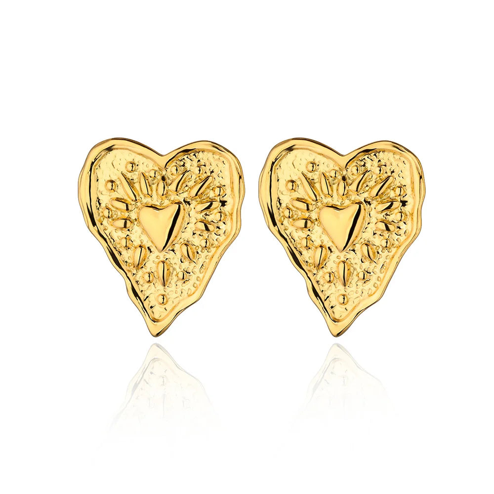 Stainless Steel Irregular Heart Texture Stud Earring for Women Gold Color Heart Wedding Aesthetic Earring Jewelry Accessories Vera Lux