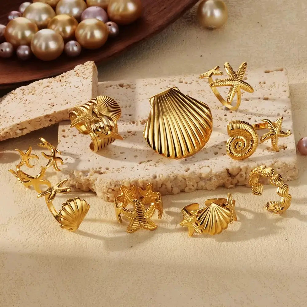 316L Stainless Steel Starfish Shell Rings for Women Gold Color Open Finger Ring Femme Trendy Summer Vacation Ocean Jewelry Gift Vera Lux