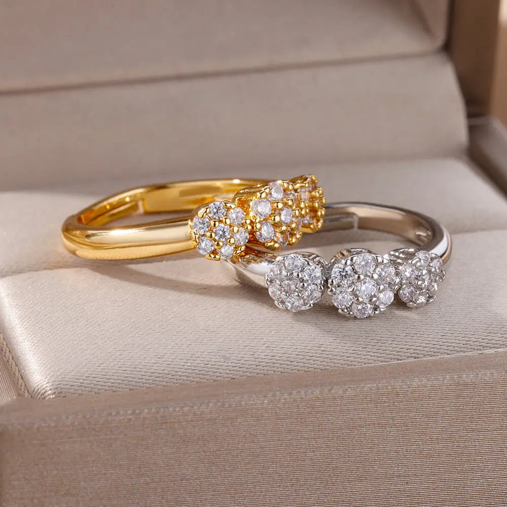 Zircon Flower Shaped Rings For Women Stainless Steel Open Ring Fashion Korean New Wedding Jewerly Gift Vera Lux
