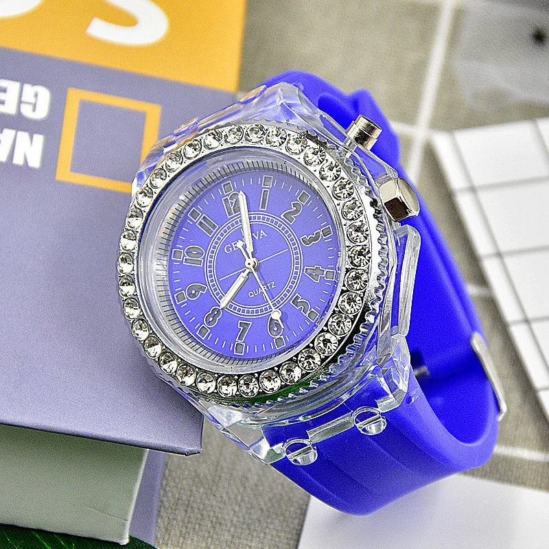 Luminous Quartz Watch for Women Personality Rhinestone Led Fashion Geneva Male and Female Students Couple Jelly Wrist Watches Vera Lux