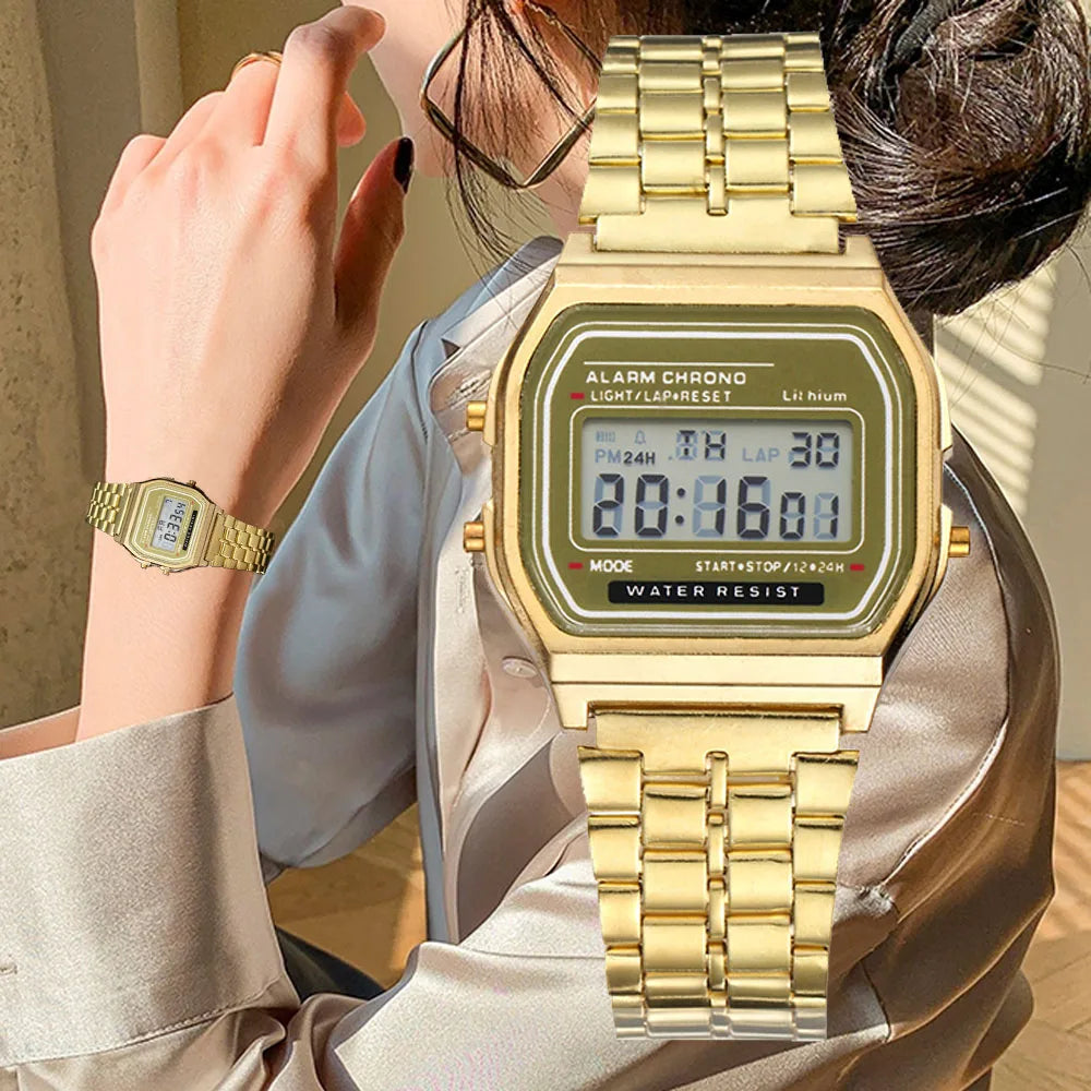Elegant Digital Watch For Women Gold Silver Stainless Steel Business Ladies Electronic Wrist Watches Man Clock Zegarek Damski Vera Lux