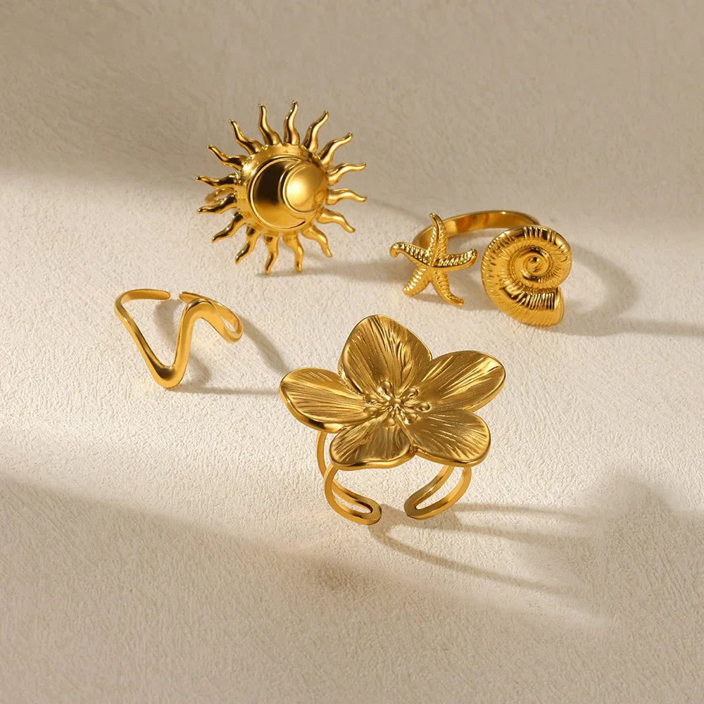 Elegant Stainless Steel Big Bloom Flower Rings For Women Gold Color Sun Starfish Open Ring Finger Jewelry Wedding Her Gift Punk Vera Lux