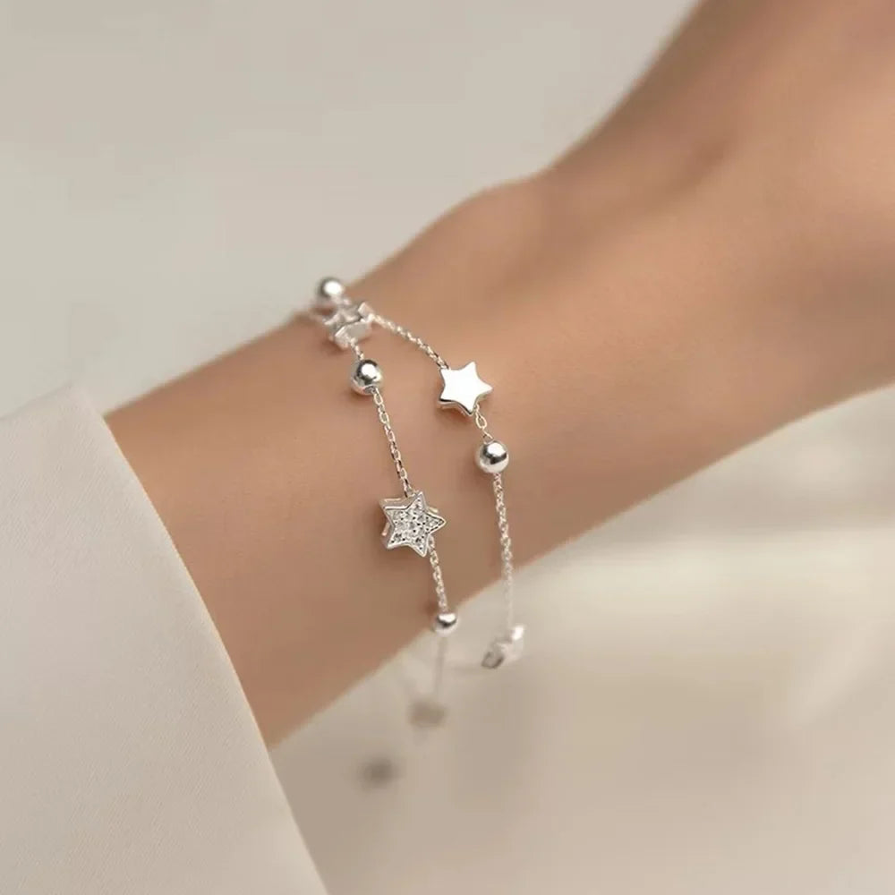 925 Stamp Silver Color Star Bracelet Fashion Korean Five-pointed Stars Crystal Double Bracelet Dropshipping Wholesale Vera Lux