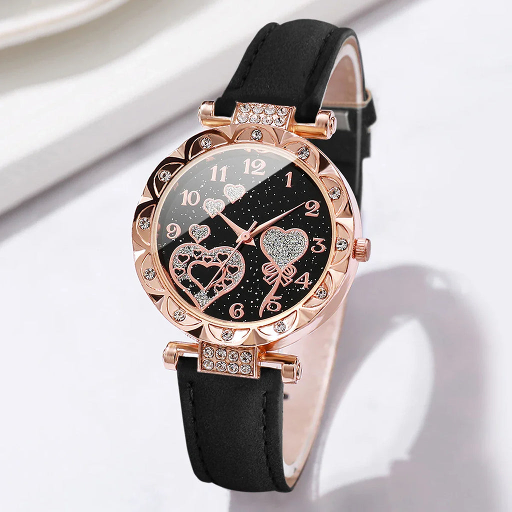 4PCS/Set Women's Watches Fashion Rhinestone Ladies Quartz Watch Leather Band Wristwatches Bracelets Set（Without Box） Vera Lux
