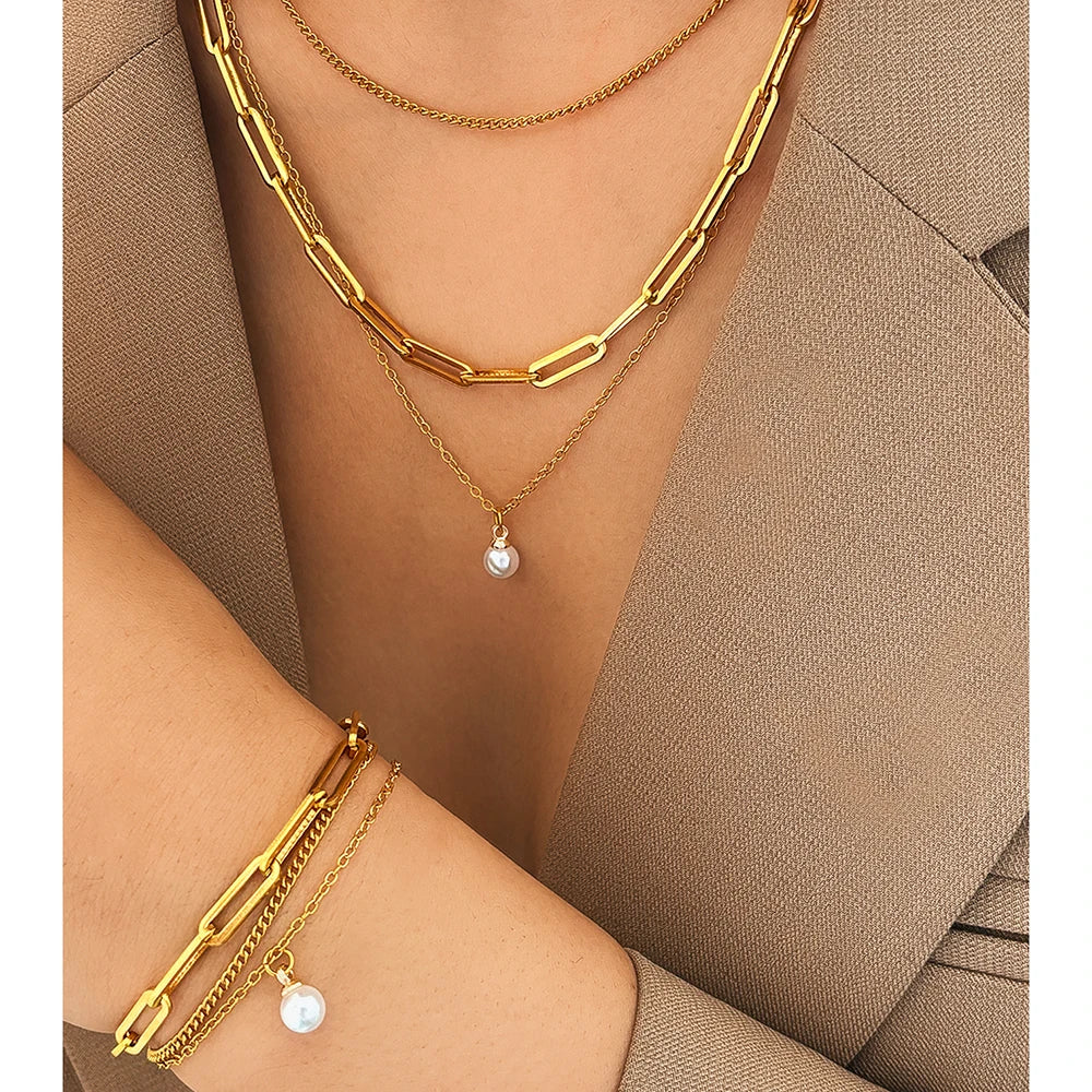 Aomogo Stainless Steel Jewelry Set Delicate Pearl Pendant Jewelry Set Luxury Multi-Layer Chain Jewelry Set For Women Jewelry Vera Lux