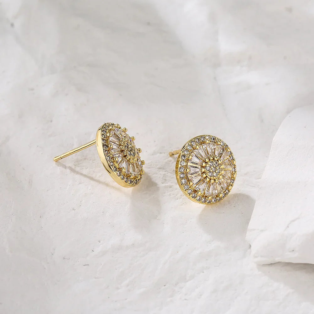 NEWBUY Luxury AAA Cubic Zirconia Pave Setting Copper Jewelry Gold Color Round Stud Earrings For Women Girl Vera Lux