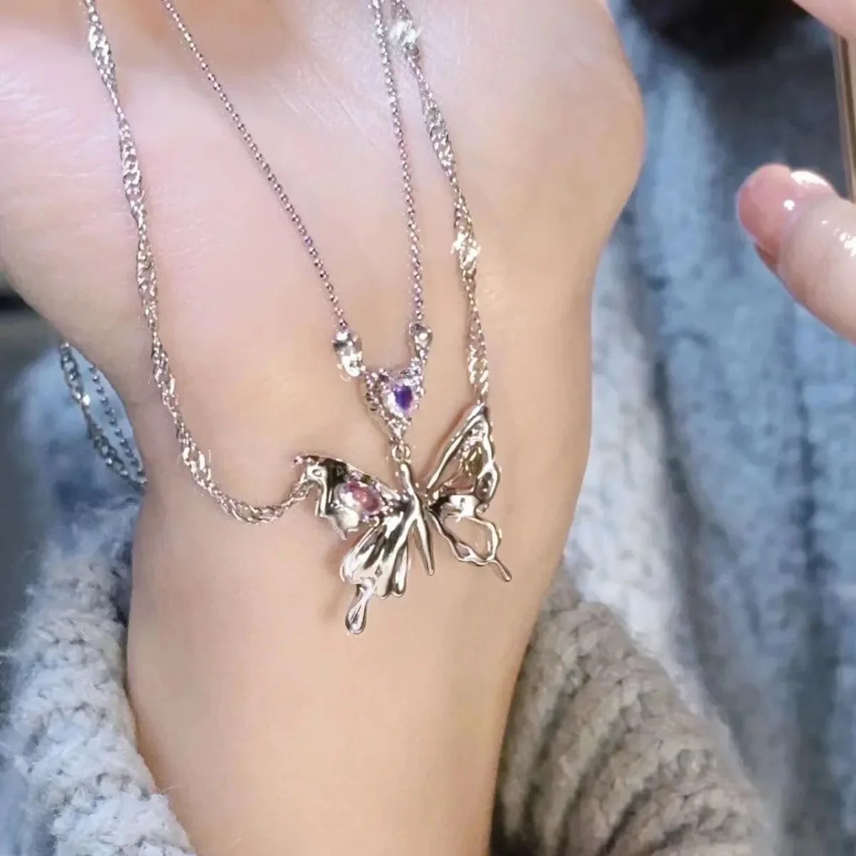 Y2K Crystal Butterfly Pendant Necklace Women Light Luxury Egirl Punk Heart Grunge Clavicle Chain Fashion Jewelry Party Gift 2023 Vera Lux