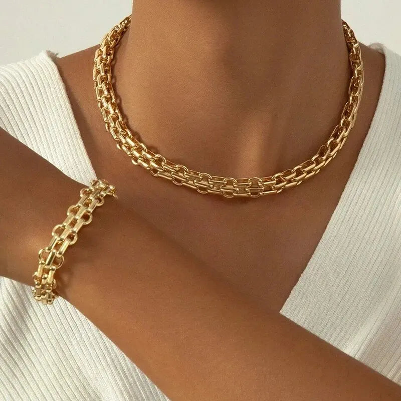 2 PCS Set Gold Color Link Chain Necklace Bracelet Set Punk Bracelet Big Link Chain Dubai Africa Party Jewelry Set Gift FOr Women Vera Lux