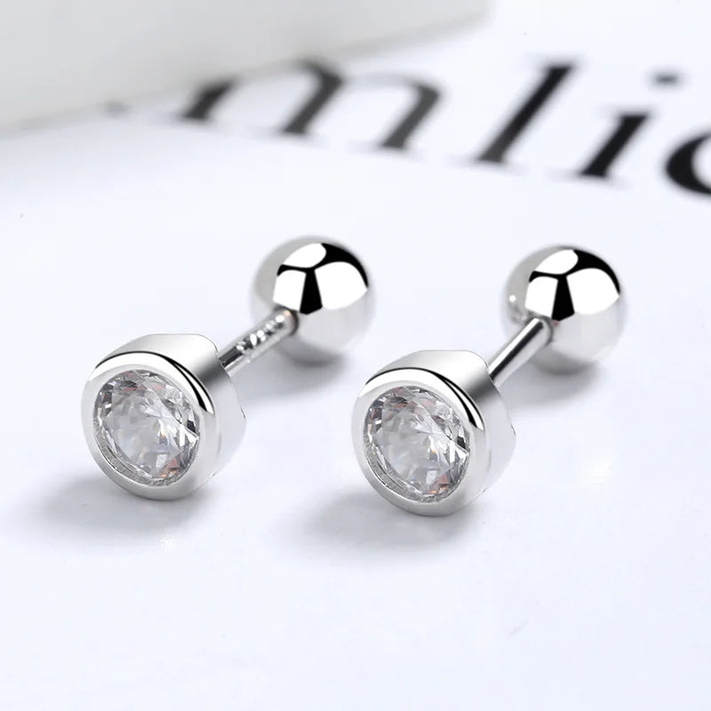 925 sterling silver zircon round bead threaded stud earrings, women's screw twist-off stud earrings, simple and fashion Vera Lux
